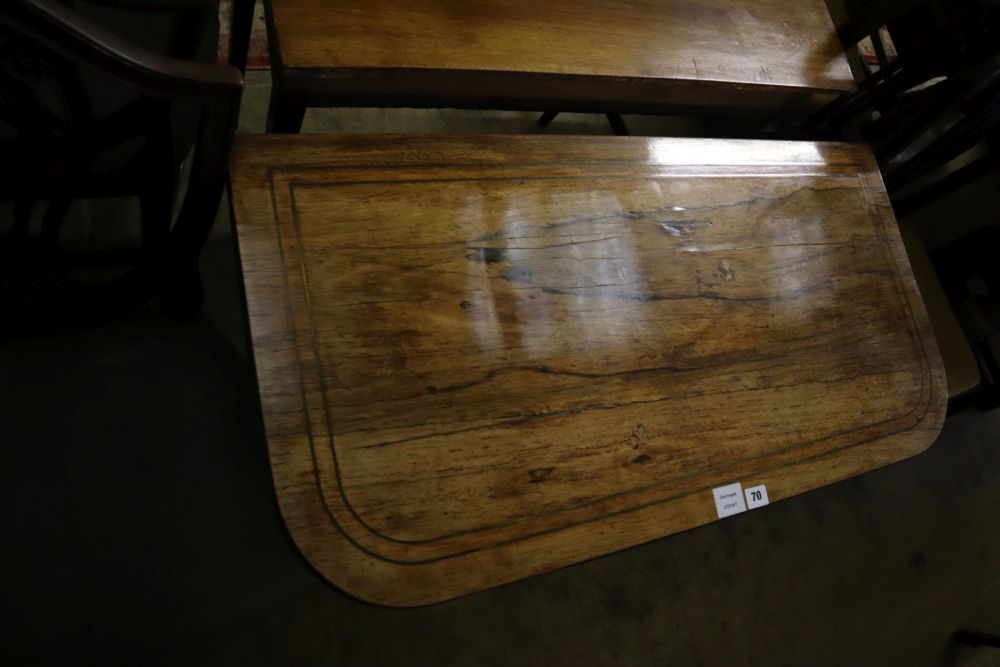 A Regency brass inlaid rosewood tea table, width 92cm, depth 46cm, height 75cm